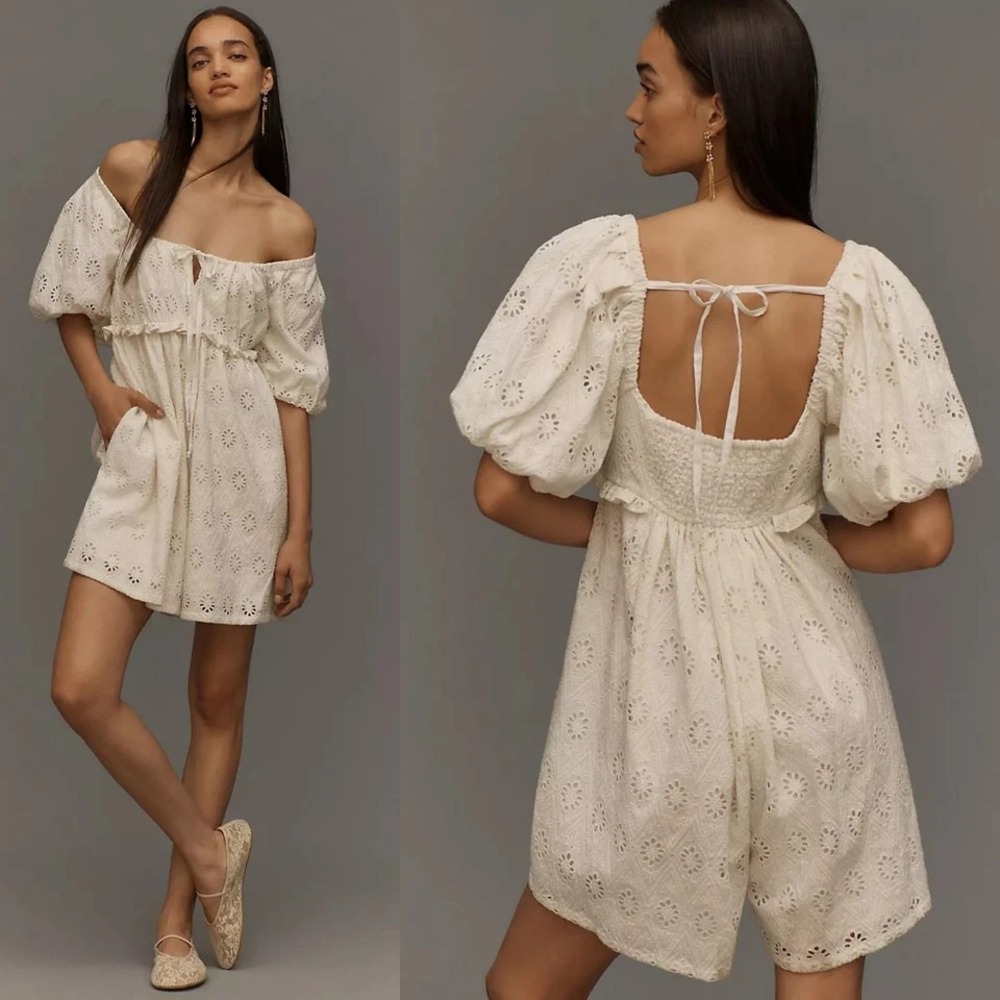 NEW Anthropologie Pilcro Puff-Sleeve Eyelet Romper White MSRP $158 PETITE SMALL